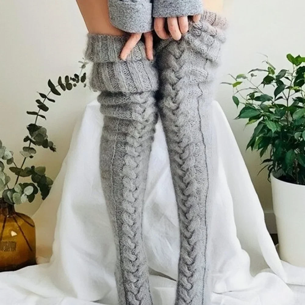 grey casual womens solid color woolen over-the-knee socks